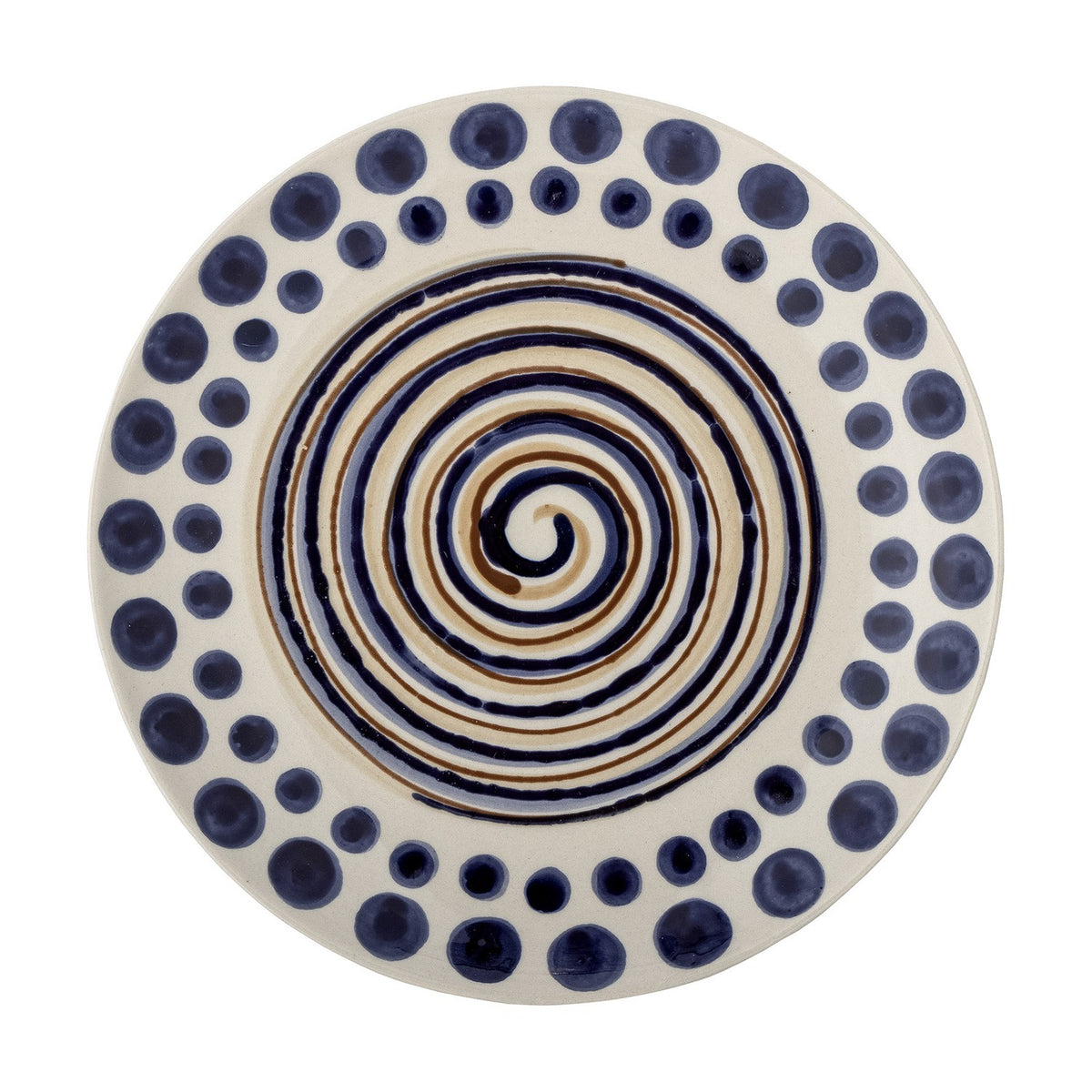 Shama Dotted Stoneware Side Plate in multi colourway, hand-decorated with a brown and navy spiral centre and a navy dotted border, shown on a plain white background.
