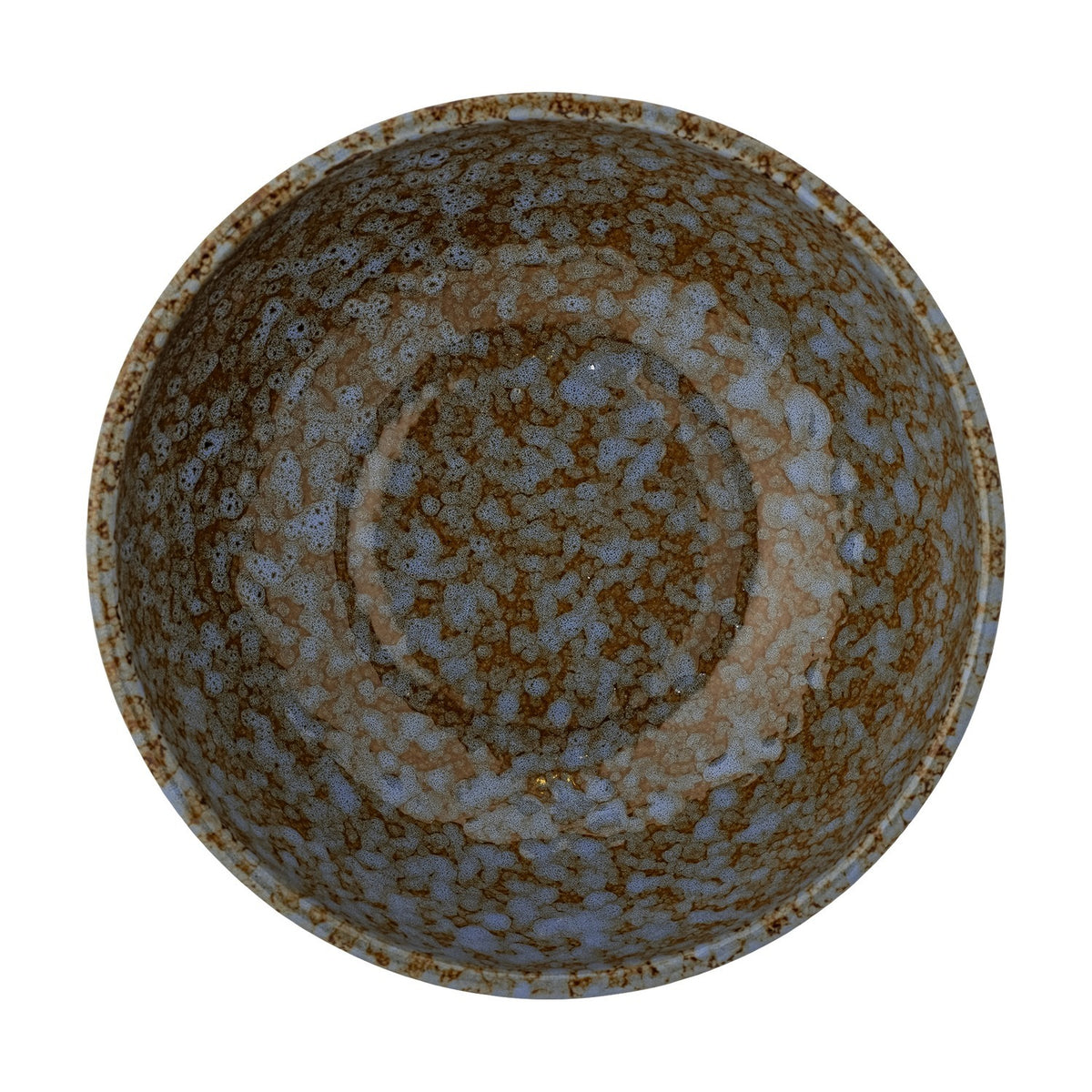 Top-down view of the Paula Mottled Stoneware Bowl 16cm in brown, showing a reactive glaze with mottled blue and rust tones and a rounded rim, set against a plain white background.