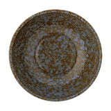 Top-down view of the Paula Mottled Stoneware Bowl 16cm in brown, showing a reactive glaze with mottled blue and rust tones and a rounded rim, set against a plain white background.