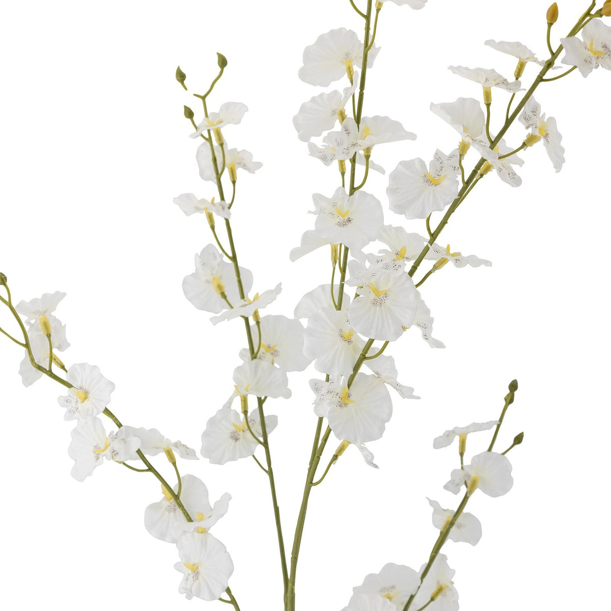 Close-up of the Orchid Artificial Stem 92cm in White, showing small white blooms with yellow centres on slender branched stems against a plain white background.