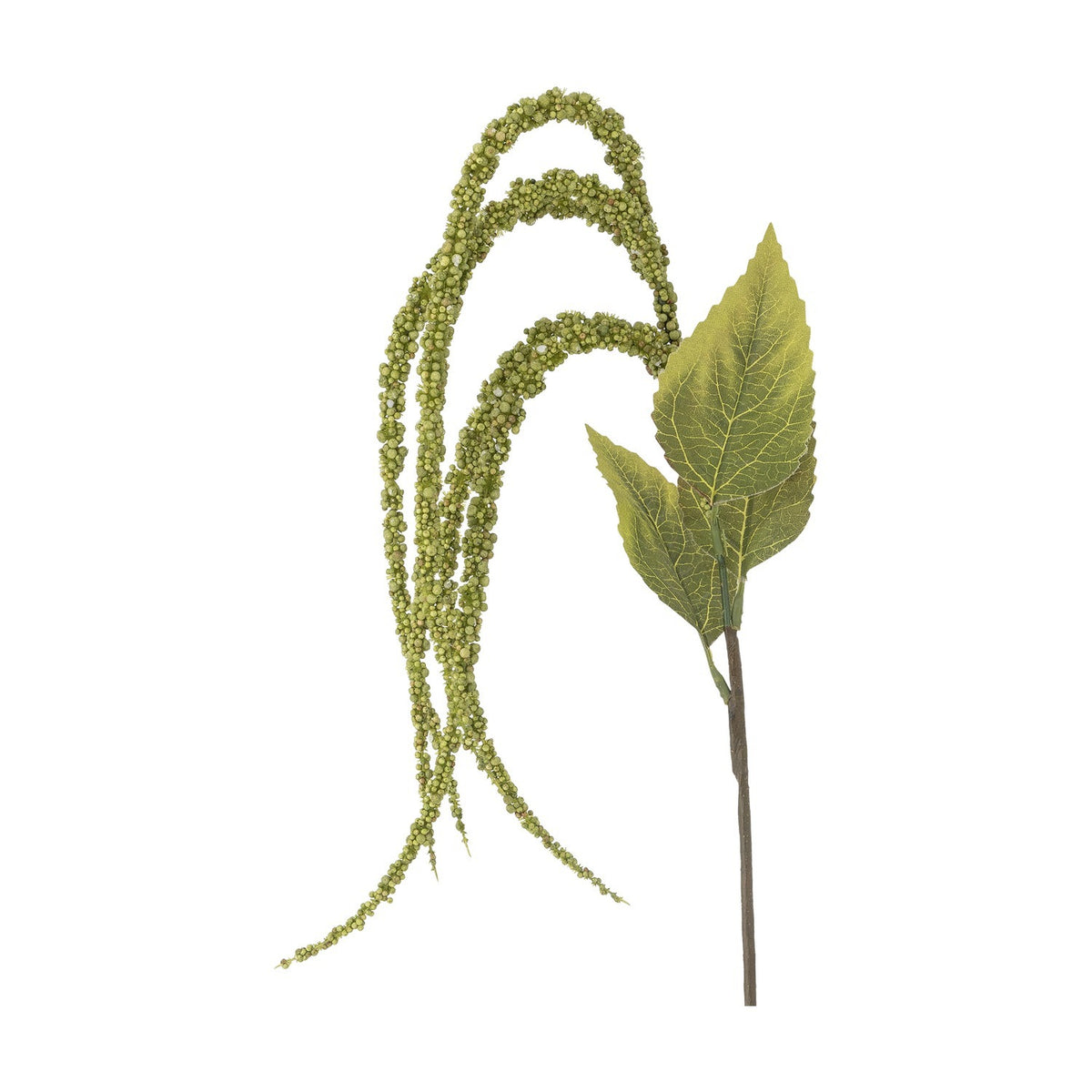Foxtail Artificial Stem in green, showing a single faux stem with broad veined leaves and trailing beaded tassels arching downward, set against a plain white background.