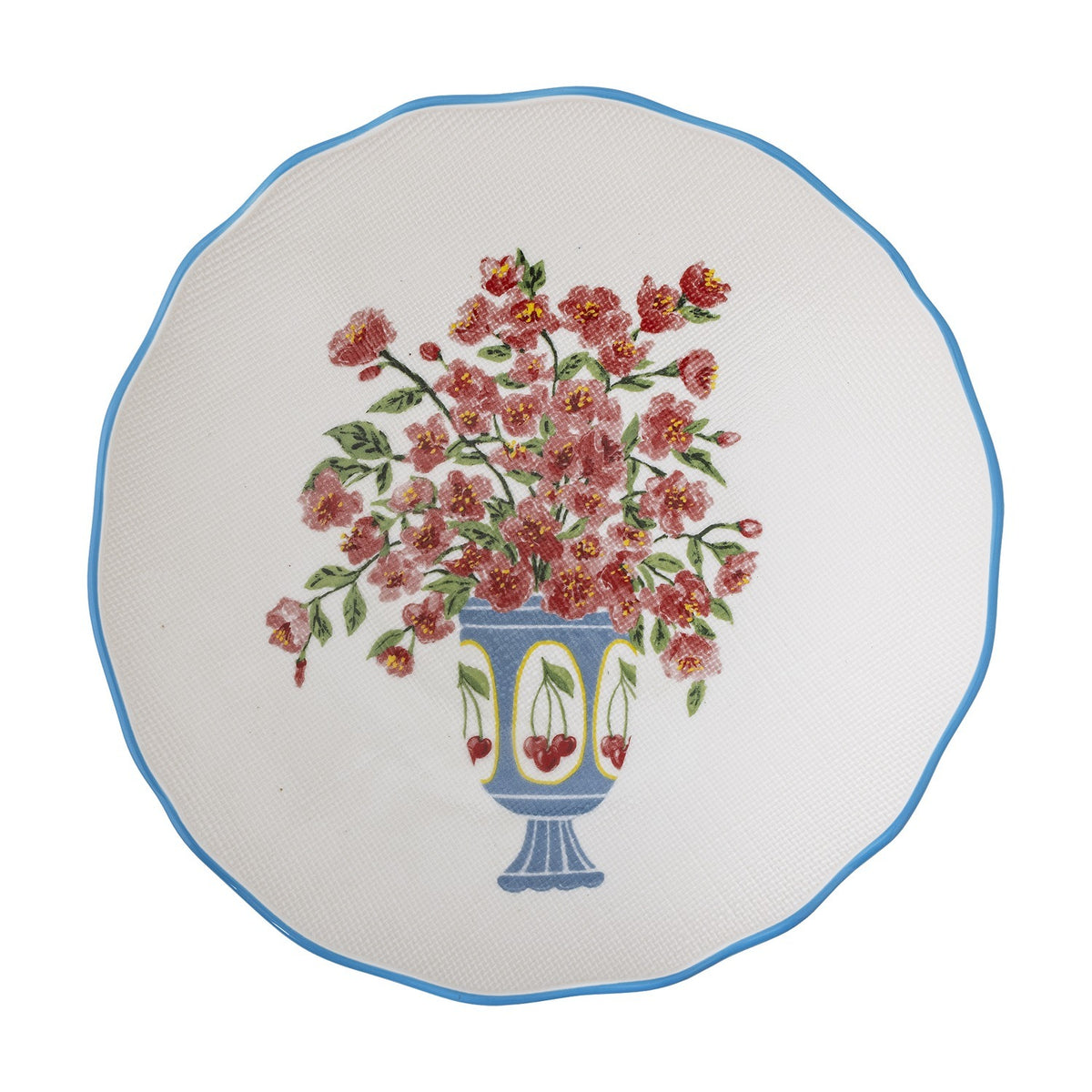Dorothy Floral Stoneware Bowl 28cm in white, a round scalloped-edge serving dish with woven-texture surface, blue rim, and a central painted floral bouquet in a cherry-patterned vase motif.