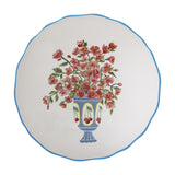 Dorothy Floral Stoneware Bowl 28cm in white, a round scalloped-edge serving dish with woven-texture surface, blue rim, and a central painted floral bouquet in a cherry-patterned vase motif.