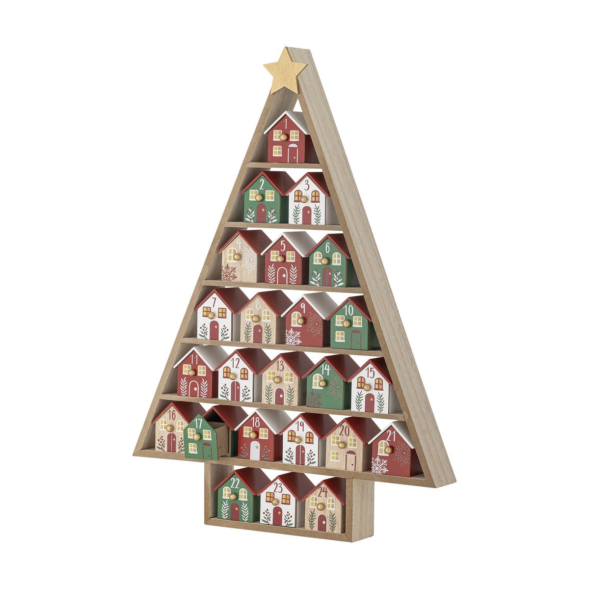 Calvin Christmas Tree Advent Calendar in multicoloured MDF, triangular frame with gold star and trunk base holding 24 numbered houses with round knobs, shown on a plain white background.