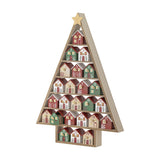 Calvin Christmas Tree Advent Calendar in multicoloured MDF, triangular frame with gold star and trunk base holding 24 numbered houses with round knobs, shown on a plain white background.