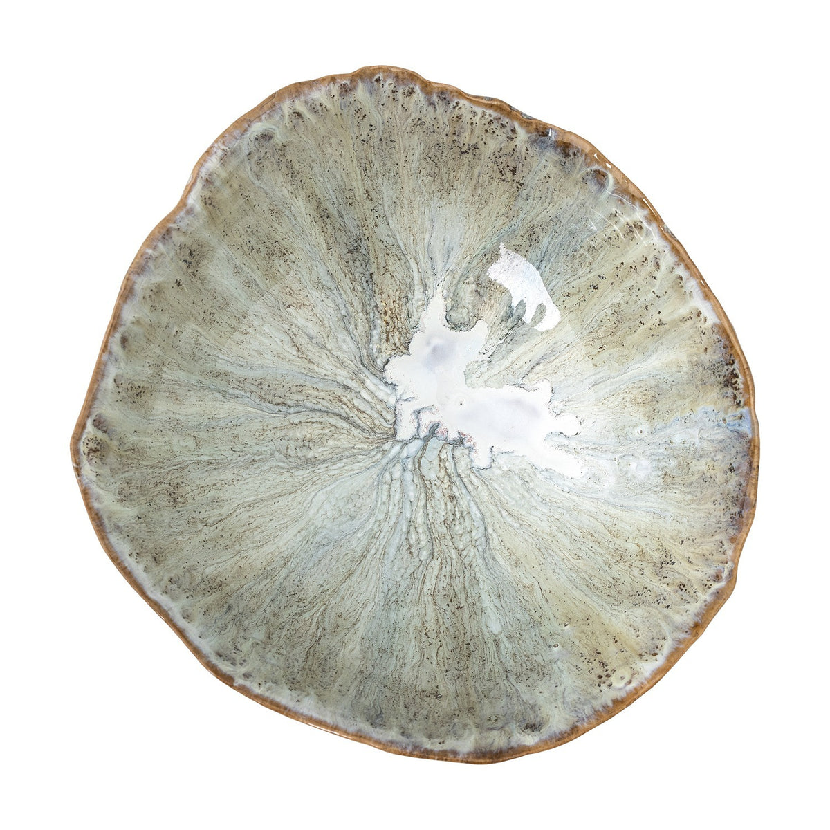 Joby Stoneware Bowl 24cm in green, a round stoneware bowl with wavy irregular rim, streaked green glaze radiating to a pale glossy centre, shown on a plain white background.