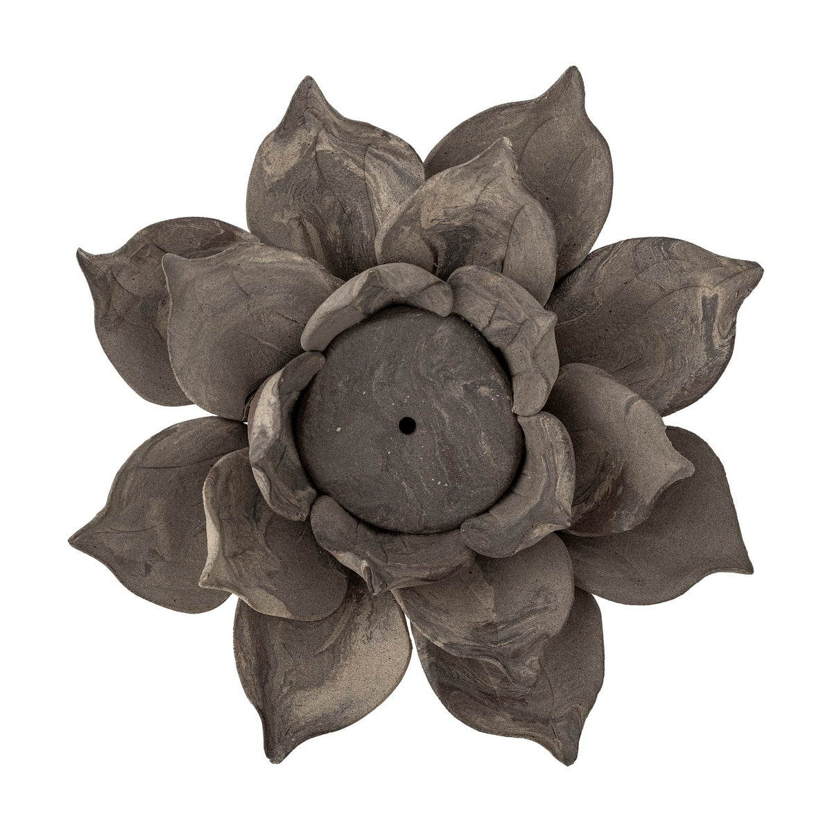 Eira Flower Stoneware Tealight Holder in brown, shaped like a layered open flower with pointed petals curling around a central tealight well, shown on a plain white background.