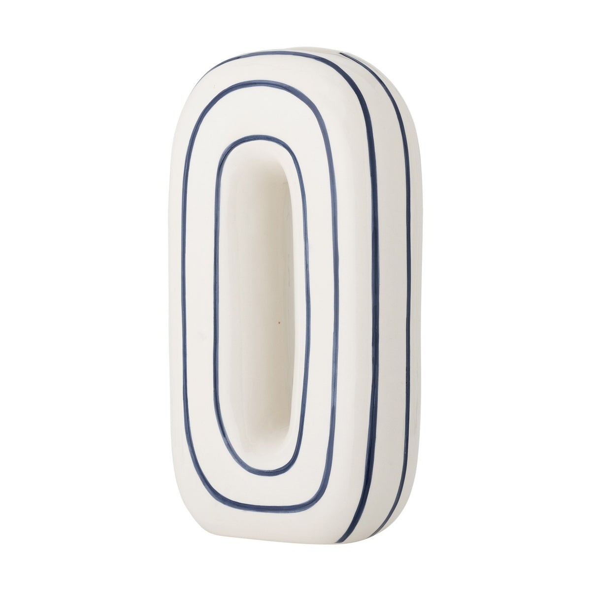 Mae Striped Ceramic Vase 32cm in White, tall oval loop shape with an open centre and blue-striped outline, shown against a plain white background.