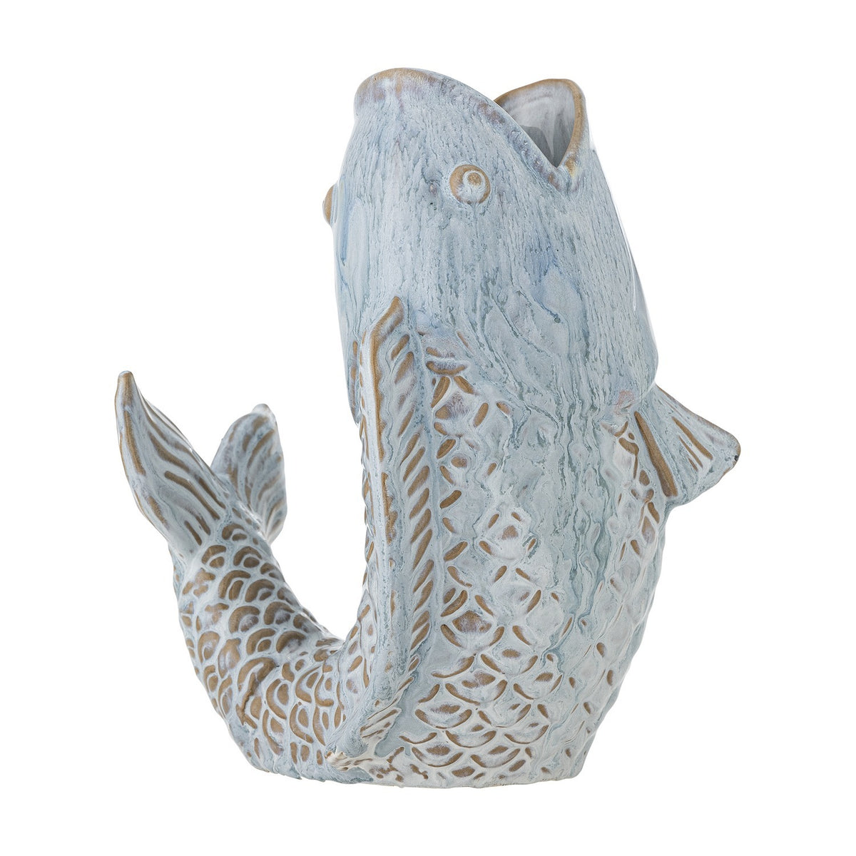 Hiro Fish Stoneware Vase in blue, 21cm, modelled as a leaping fish with open mouth as the neck, relief scales, ribbed fins and curled tail, on a plain white background.