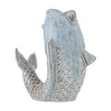 Hiro Fish Stoneware Vase in blue, 21cm, modelled as a leaping fish with open mouth as the neck, relief scales, ribbed fins and curled tail, on a plain white background.