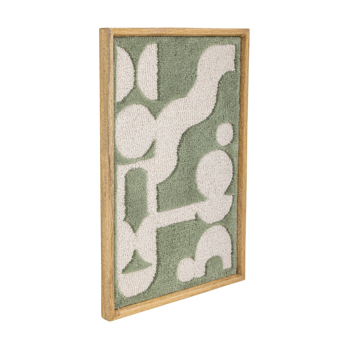 Longton Wool Wall Decor in green, a tufted wool wall art piece with abstract cream shapes in a slim wooden frame, shown at an angle against a white background.