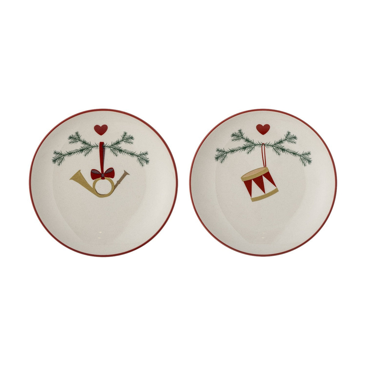 Yule Stoneware Christmas Plates Set of 2 in cream with red rim, each featuring a pine sprig, heart, and either a horn or drum design, shown on a white background.