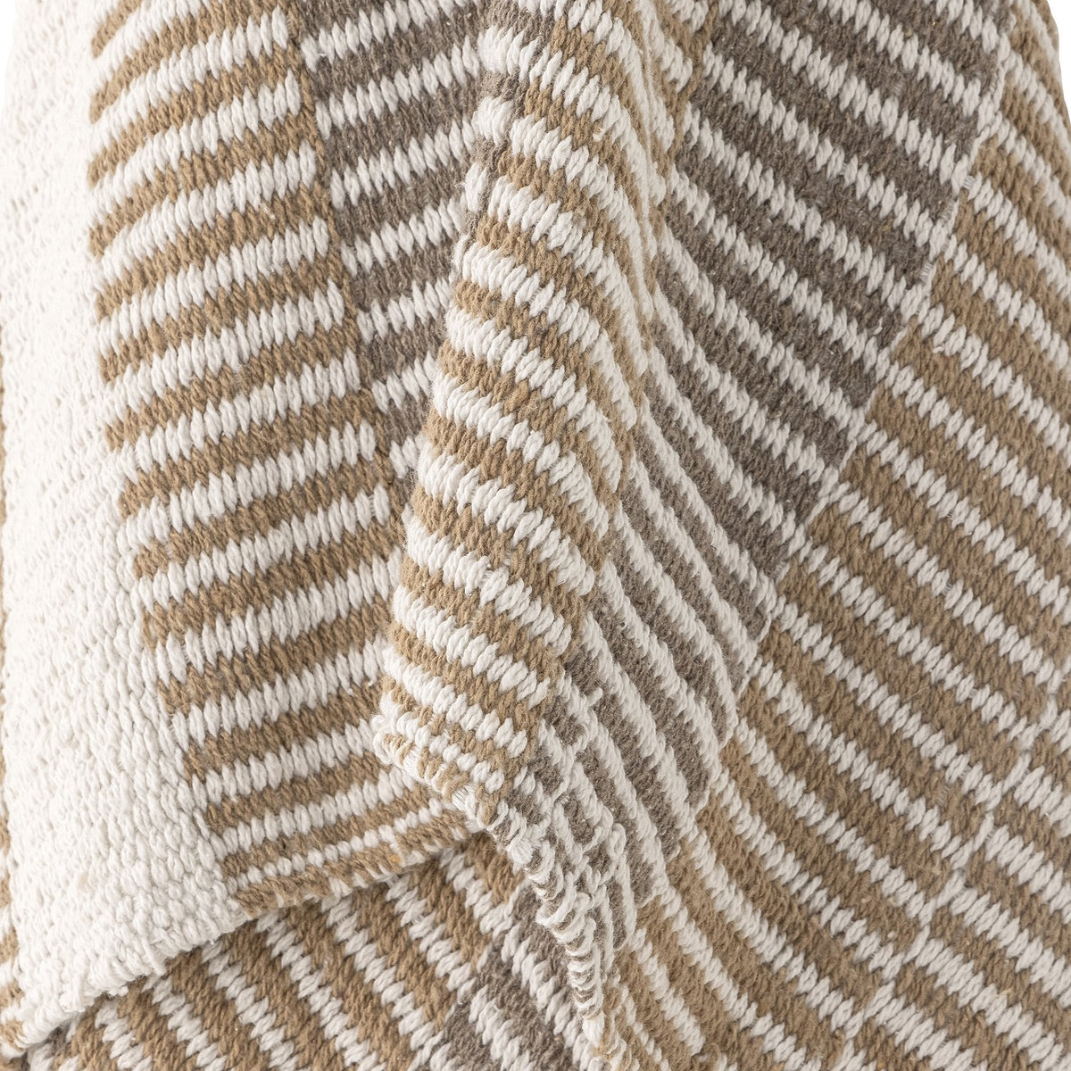 Close-up of the Isnel Brown Striped Cotton Throw showing diagonal woven stripes in brown, tan, and cream with a ribbed, textured knit surface.