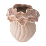 Petalia Stoneware Vase 17cm in pink, showing a round fluted ceramic body with twisted ribs beneath a ruffled, speckled collar, photographed on a white background.