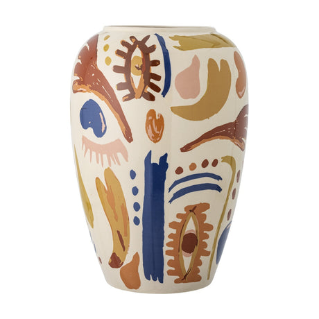 Horus Stoneware Vase 32cm in multicoloured ceramic, rounded shoulders tapering to a narrow base, hand-painted with abstract eyes, face outlines and brush-stroke shapes, on a plain white background.