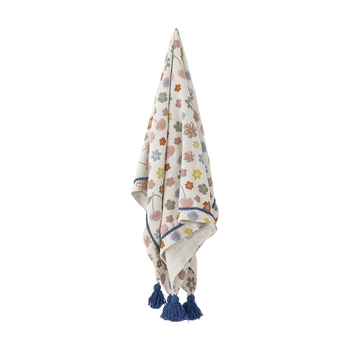 Cherry Floral Cotton Throw in multicoloured print with scattered flowers, textured cotton weave and navy tasselled corners, shown hanging against a plain white background.