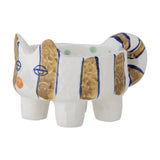 Caty Striped Stoneware Candle Holder shaped like a cat with blue-striped body, mustard-patterned ears, hand-painted face, and a curled tail forming a handle, on a white background.