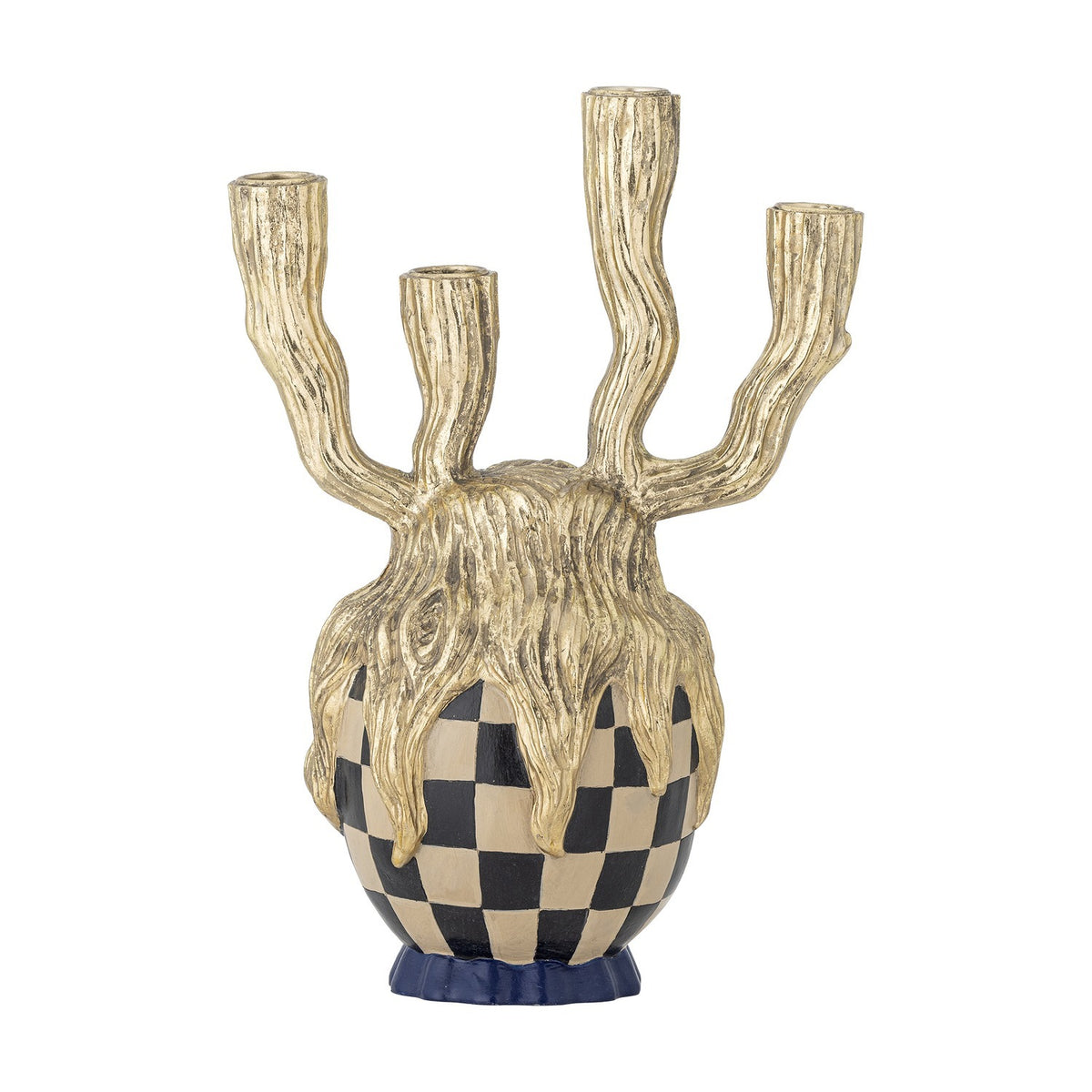 Gold resin Medusa candle holder with four branching bark-textured arms at staggered heights on a black and cream checkered rounded base, shown on white background.