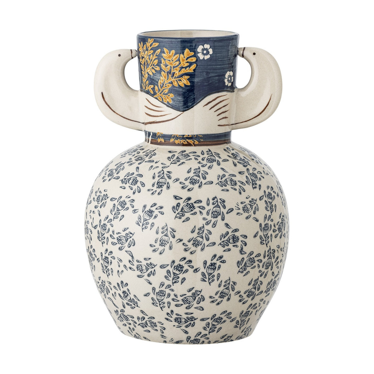 Hezha Floral Stoneware Vase in blue with a cream floral body, deep blue banded neck featuring yellow foliage, and bird-head shaped side handles, on a white background.