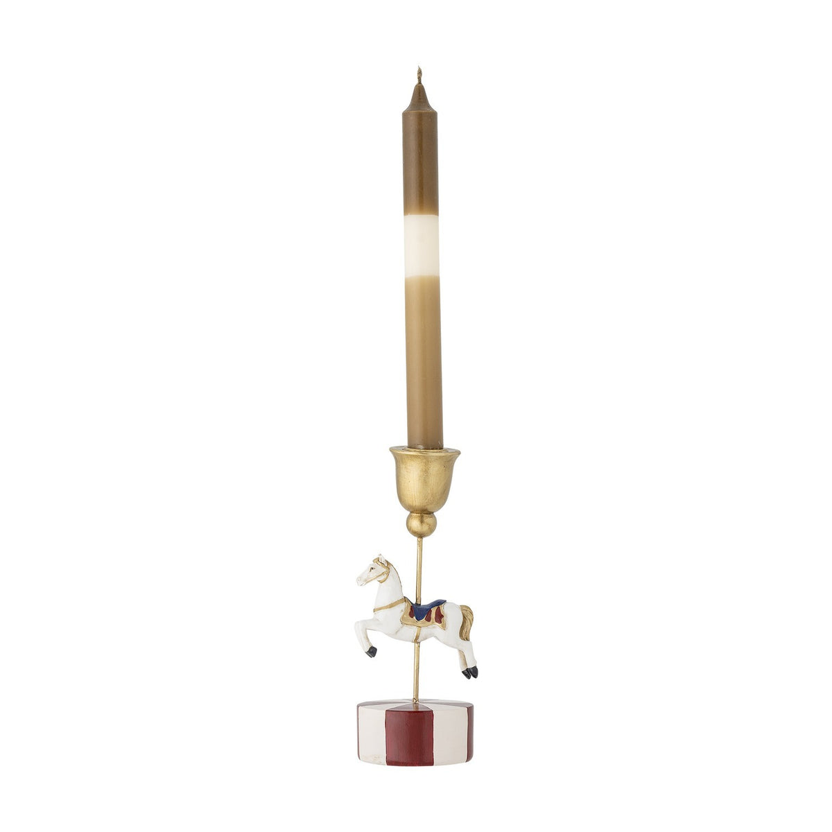 Merry-go-round resin Christmas candle holder with a painted carousel horse on a gold rod, round red-and-white striped base, gold candle cup, and taper candle, shown on a white background.
