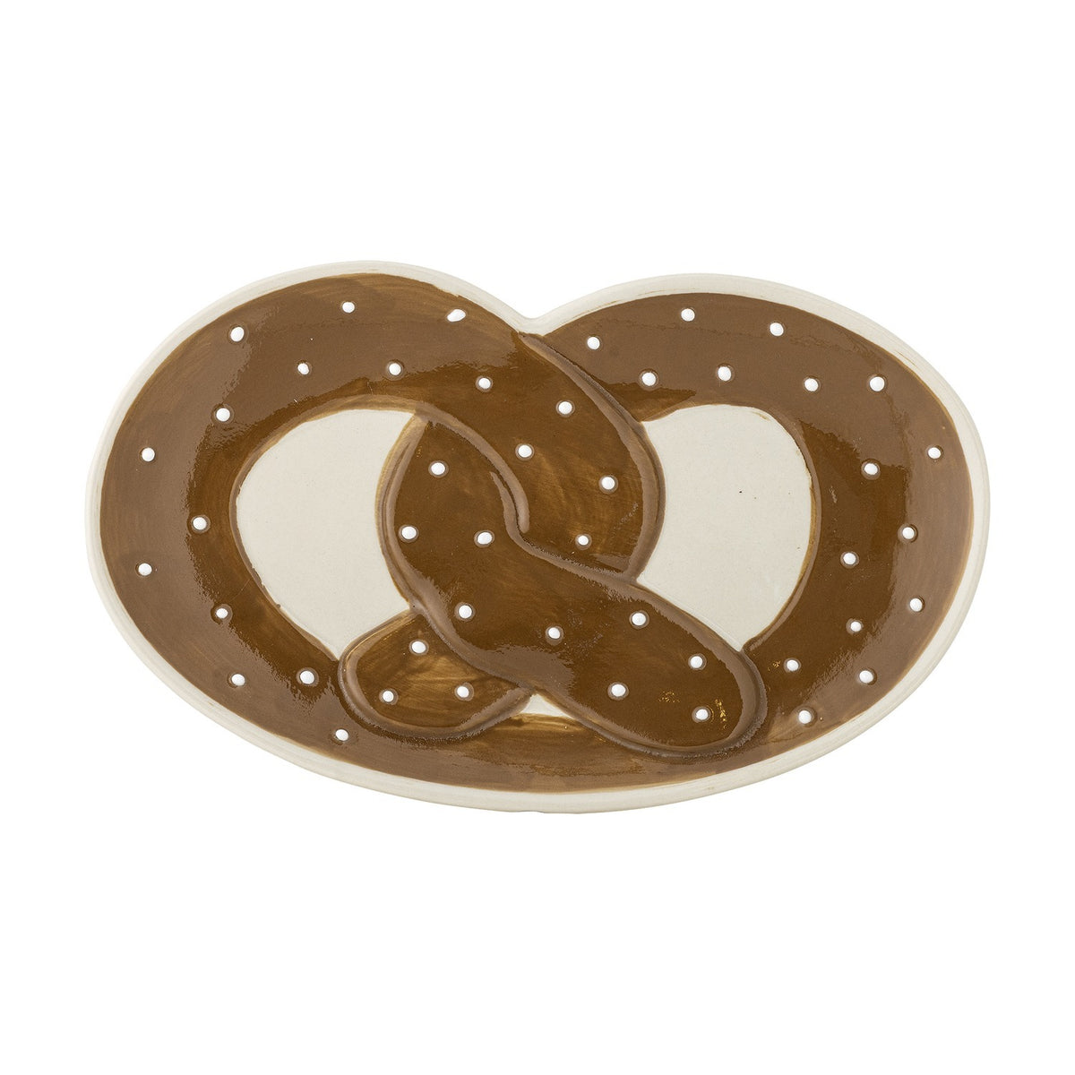 Treats Pretzel Stoneware Christmas Platter in Brown, a small pretzel-shaped serving dish with glossy brown glaze and white salt-like dots, on a plain white background.