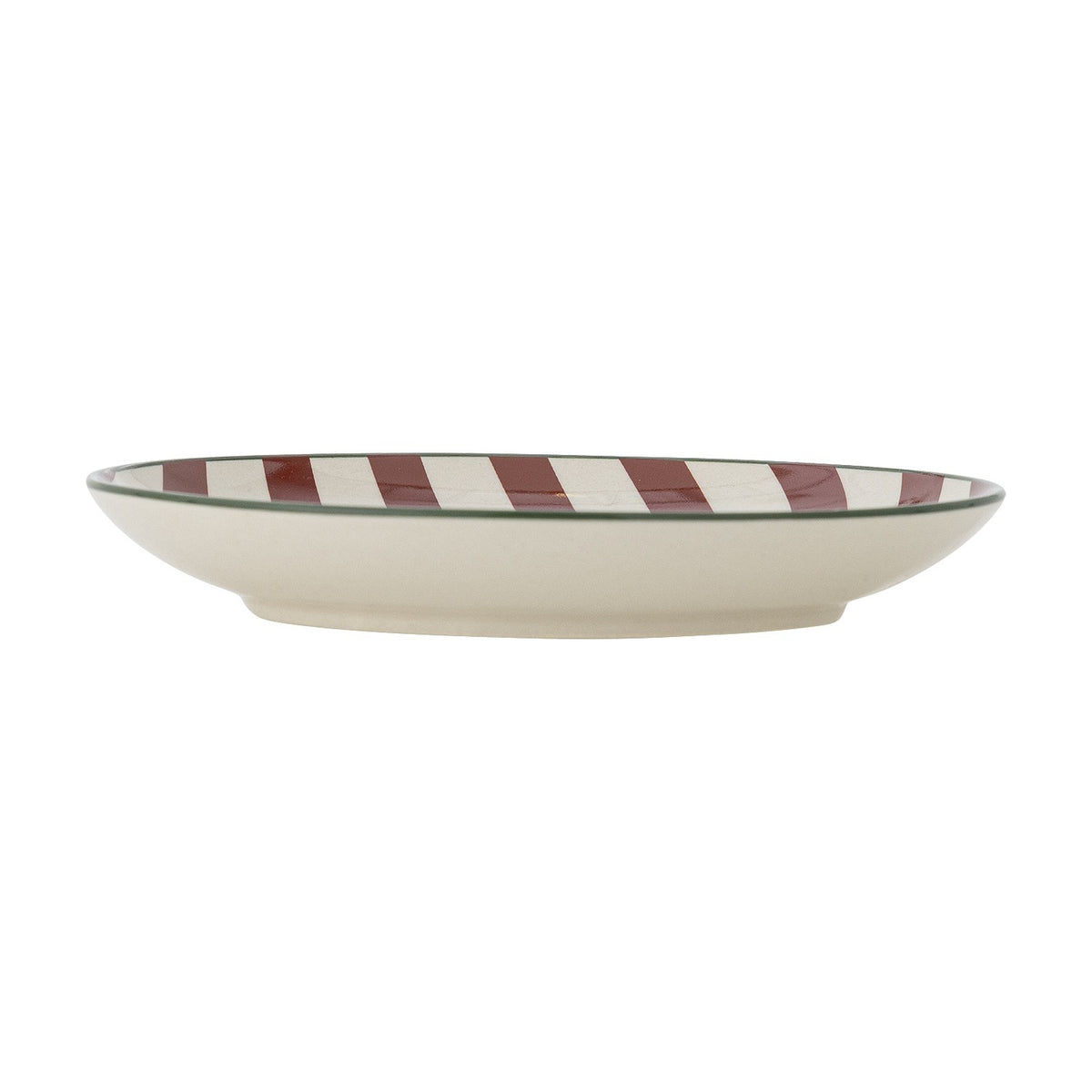 Side profile of the Jolly Striped Stoneware Christmas Plate in cream with red stripes and a thin green rim line, shown on a plain white background.
