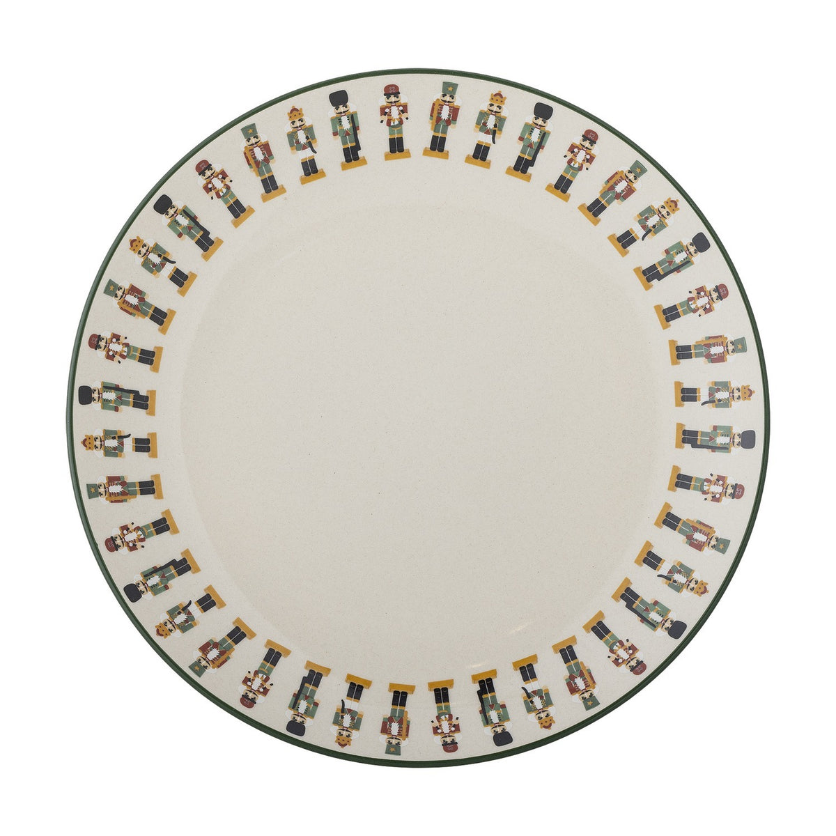 Jolly Stoneware Christmas Side Plate in cream, round with a plain centre and a rim patterned with marching nutcracker soldiers, shown on a white background.