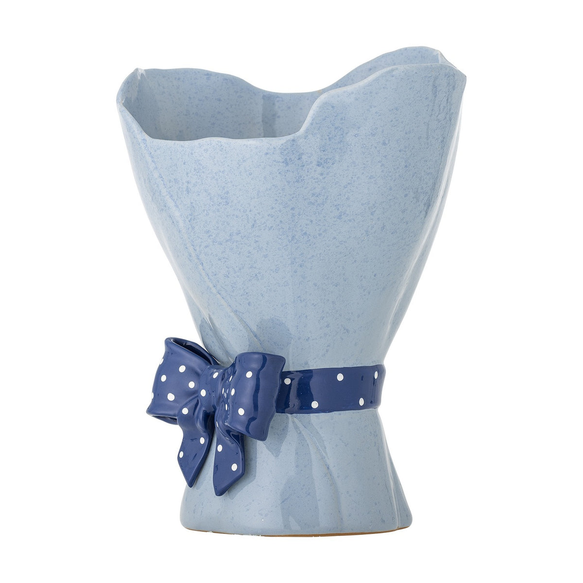 Belivia Bouquet Stoneware Vase 28.5cm in speckled blue, shaped like wrapped flowers with a wavy petal-like rim and a glossy navy polka-dot bow at the base, on a plain white background.