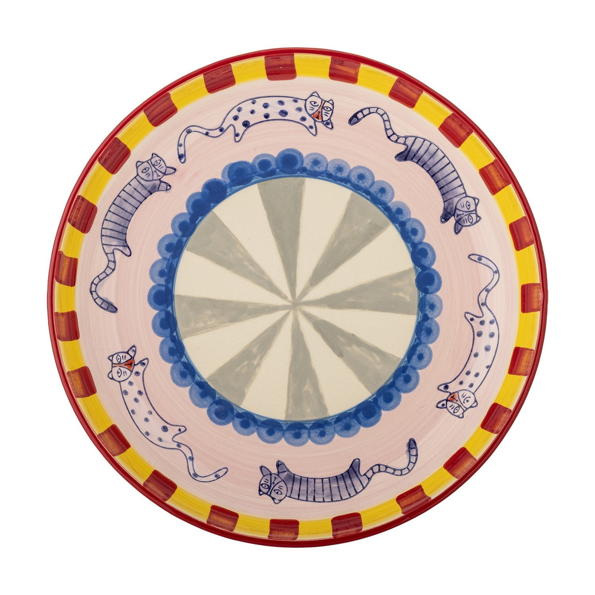 Missy Striped Stoneware Tray in Multi, a round deep-sided ceramic serving dish with handpainted cat motifs, scalloped blue trim and red-yellow striped rim, shown on a white background.