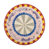 Missy Striped Stoneware Tray in Multi, a round deep-sided ceramic serving dish with handpainted cat motifs, scalloped blue trim and red-yellow striped rim, shown on a white background.