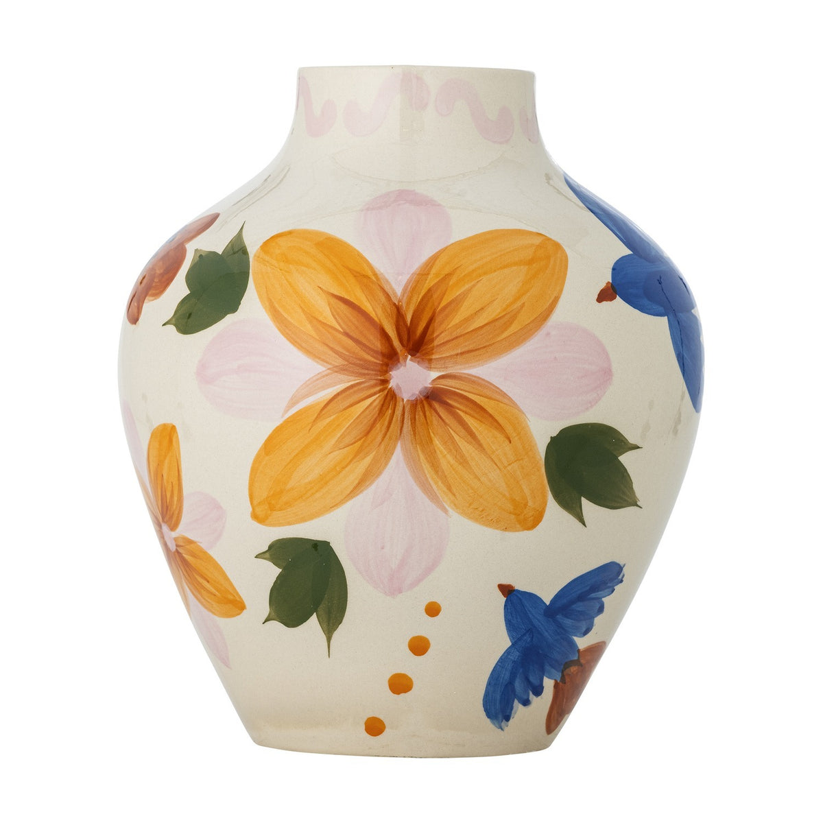 Maricala Floral Stoneware Vase 27cm in Multi, rounded ceramic body hand-painted with orange and pink blooms, green leaves and blue birds, short neck with wavy trim, on a plain white background.