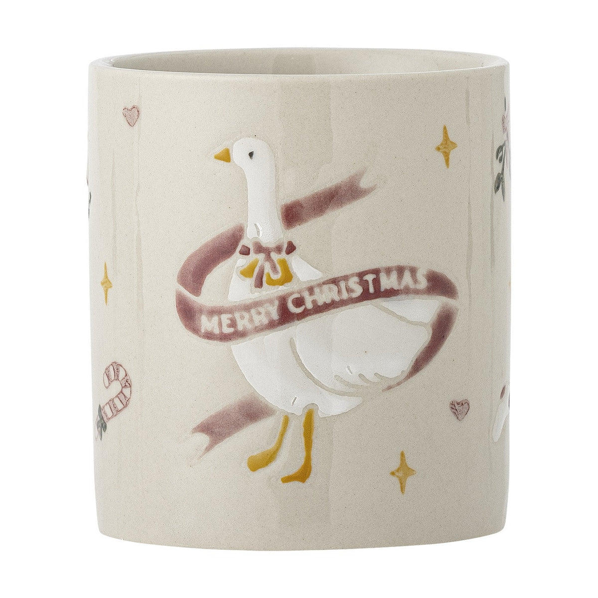 Cream stoneware Christmas mug embossed with a goose in a "Merry Christmas" ribbon, surrounded by hand-painted stars, hearts, and a candy cane, shown on a plain white background.