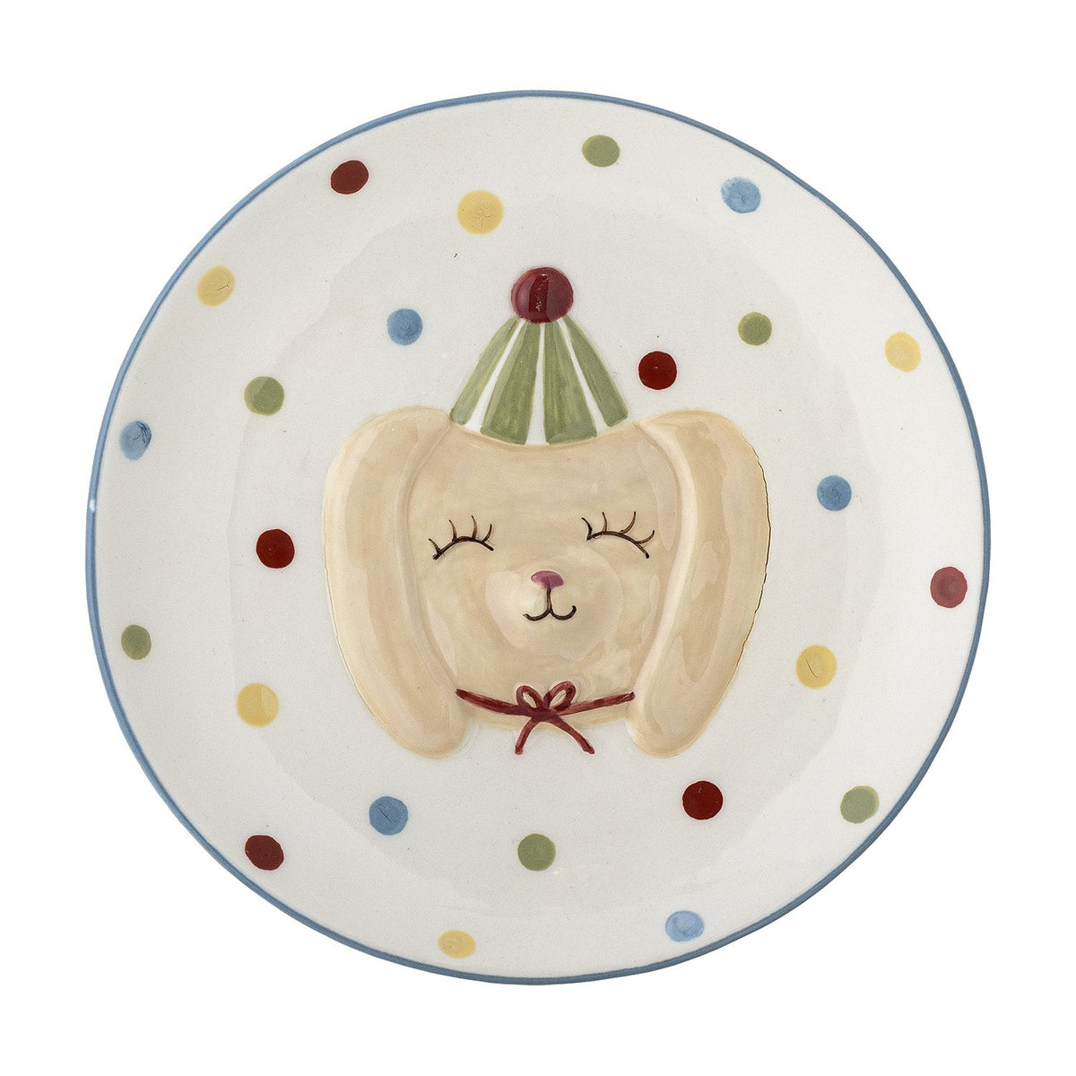 Stoneware kids plate from the Party Dotted Dinner Set, with a raised dog face wearing a striped party hat and bow at the centre, edged in multicoloured polka dots on a white background.