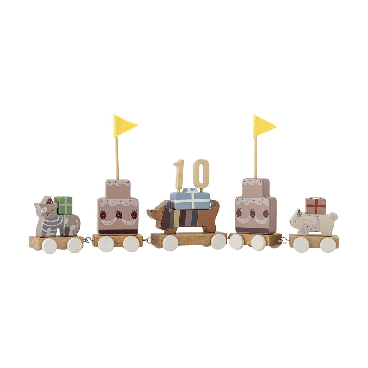 Wooden birthday train with five linked wagons featuring a cat, two tiered cakes with yellow pennant flags, a dachshund holding a "10" topper, and a small animal, on a white background.