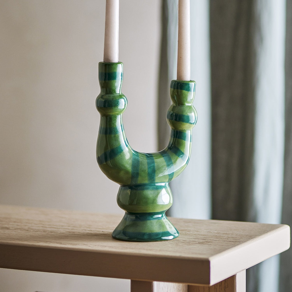 Salandy Striped Stoneware Candle Holder - Green