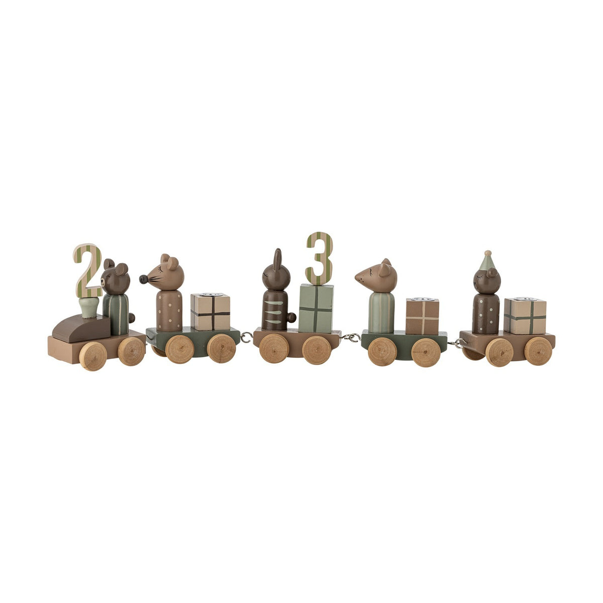 Junaid Dark Brown Birthday Decoration wooden train with mouse figures, gift block carriages, and striped number pegs 2 and 3, shown on a plain white background.