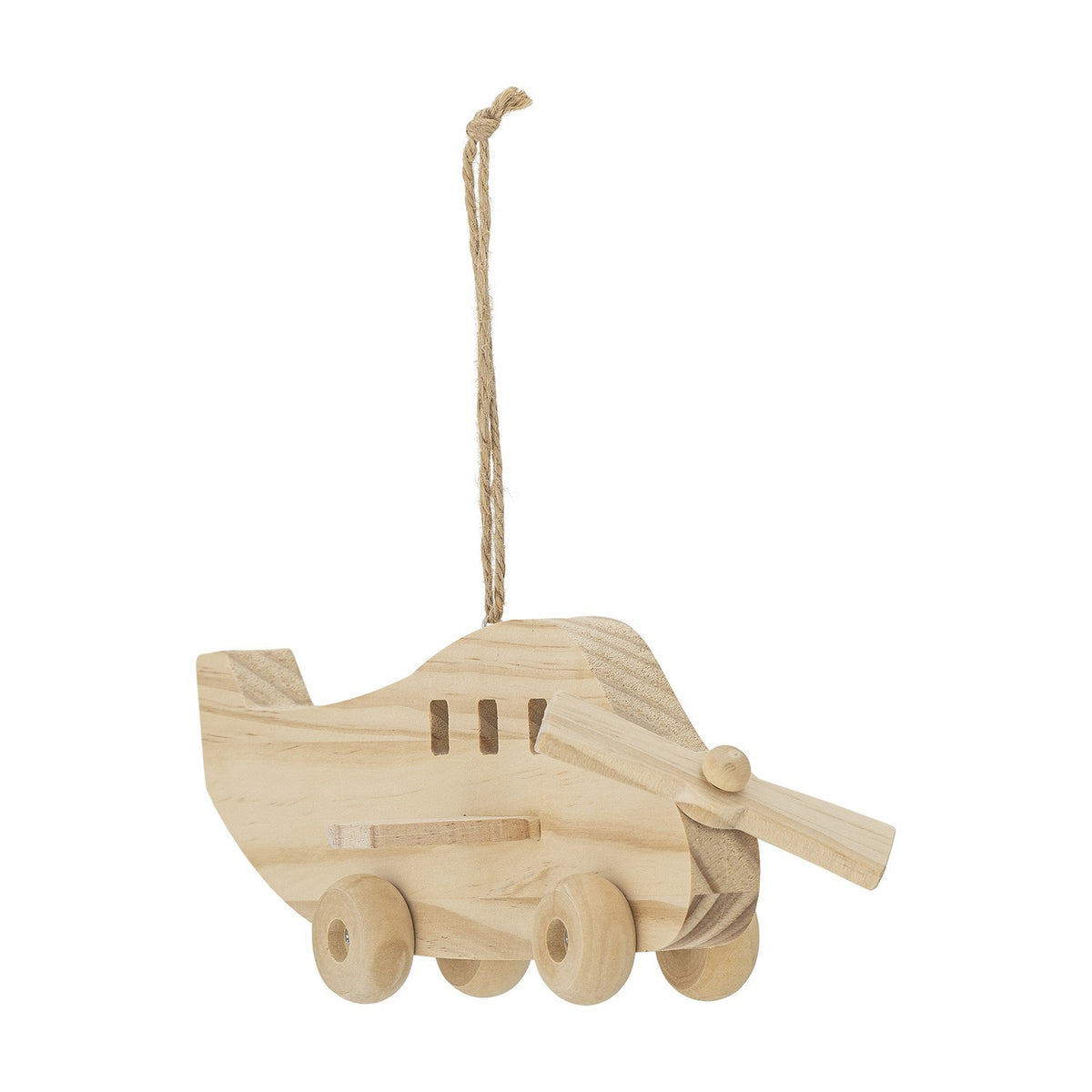 Plane Wooden Baby Mobile in natural pine with hemp cord loop, featuring a propeller nose, tail fin, window cut-outs, wings and wheels, shown on a white background.