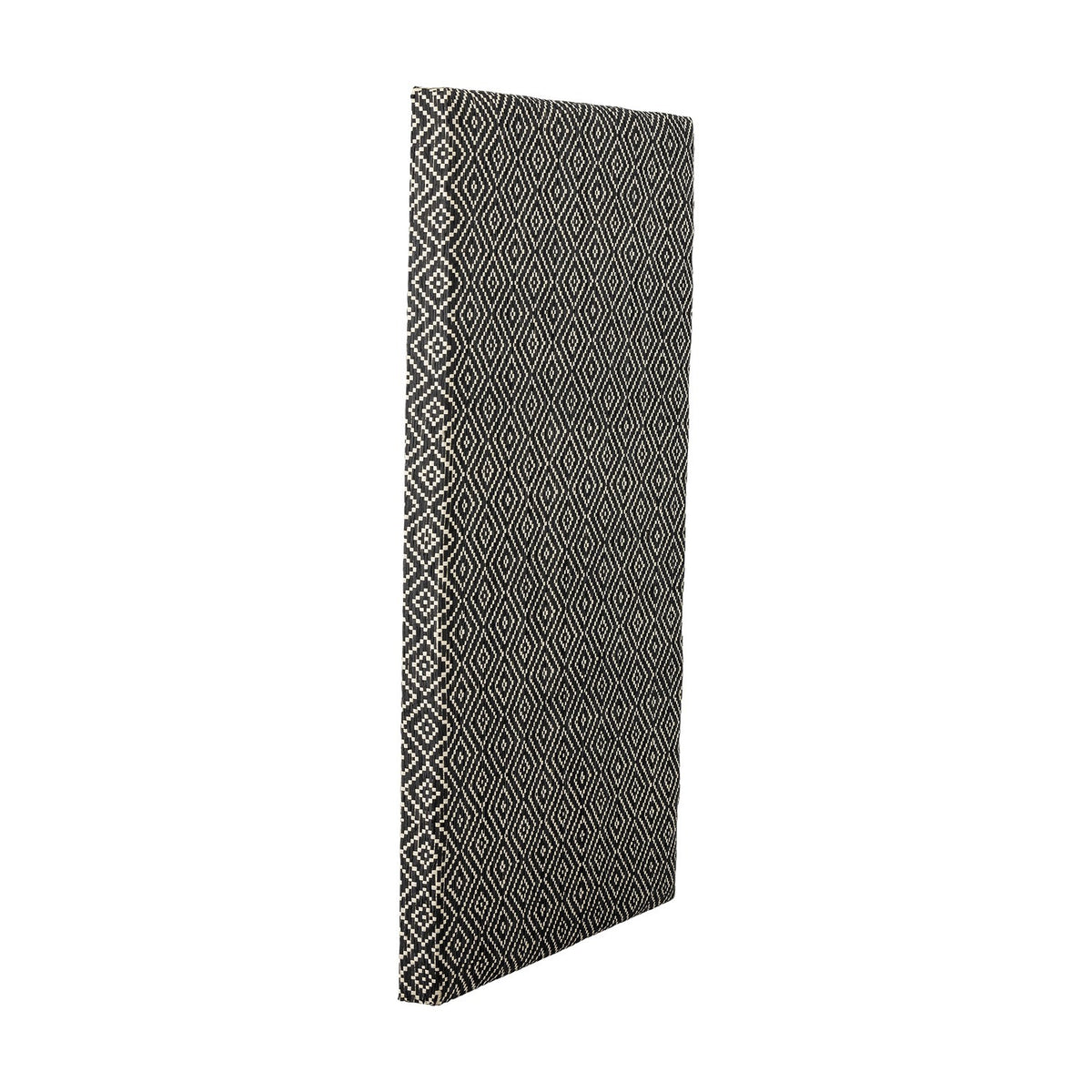 Rivalta Pin Board in black, shown at an angle with a woven diamond-patterned surface and solid 4cm-deep MDF edge, against a plain white background.