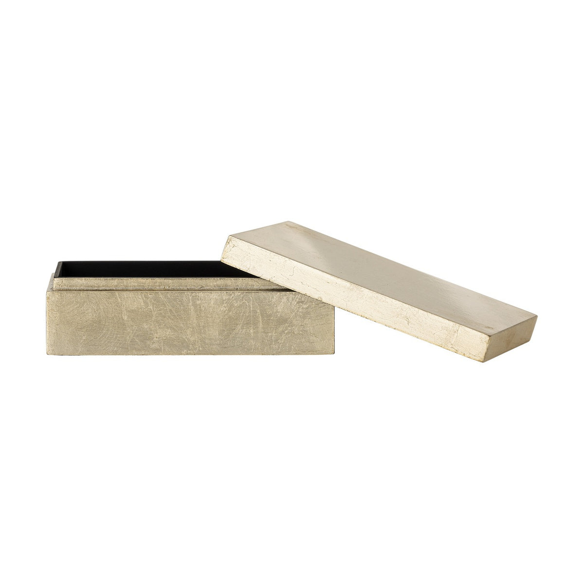 Nenon rectangular storage box in gold MDF with high-gloss lacquered finish and black interior, shown open with lid leaning against the base on a white background.