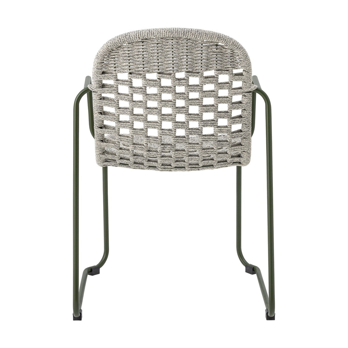 Calana Iron Garden Chair in grey, rear view showing woven polypropylene basketweave seat and back on a green-finished iron frame, plain white background.