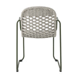 Calana Iron Garden Chair in grey, rear view showing woven polypropylene basketweave seat and back on a green-finished iron frame, plain white background.