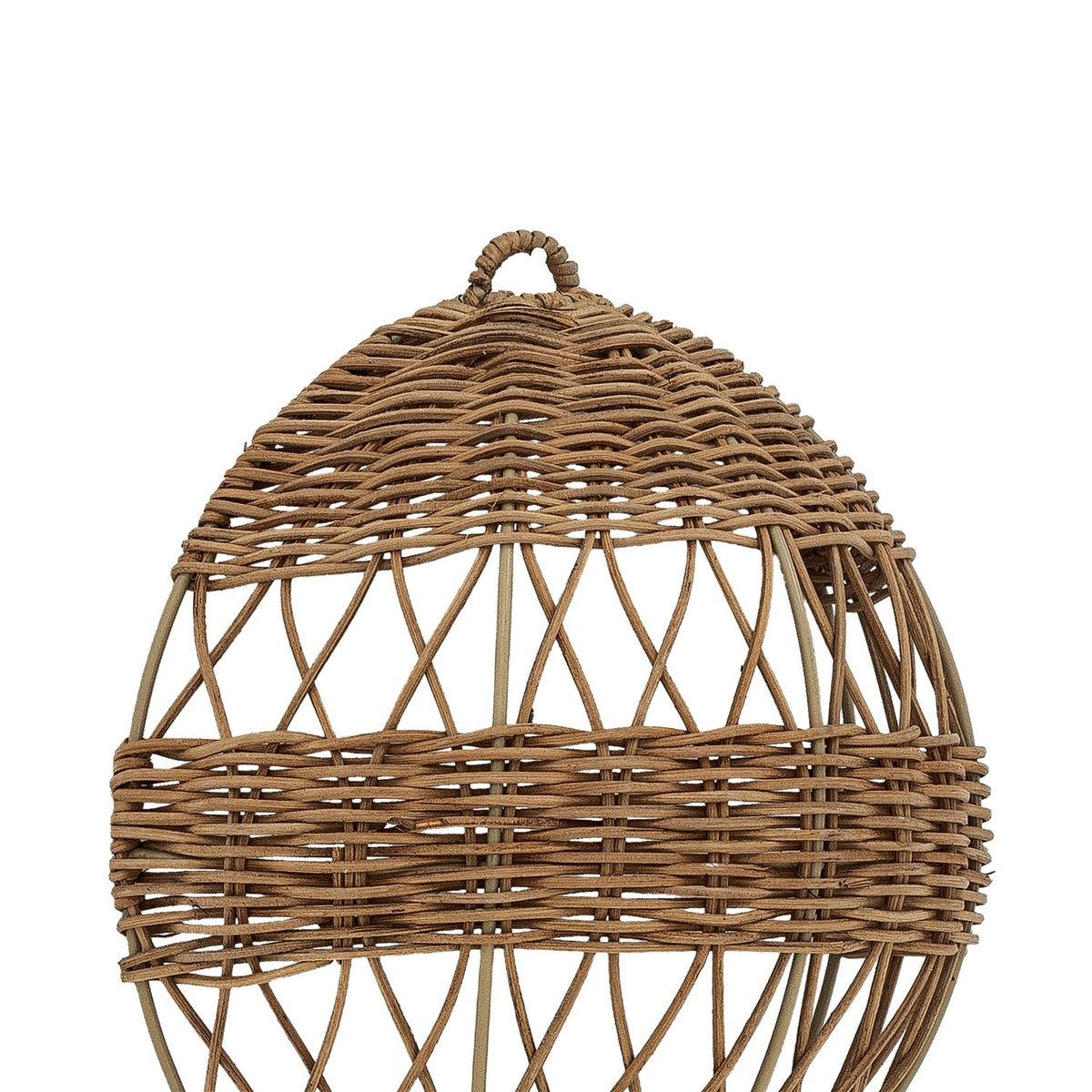 Huggi Rattan Wall Basket in Natural, close-up of the hot air balloon-shaped weave with alternating solid and lattice rattan bands over a slim iron frame and top loop, on a white background.