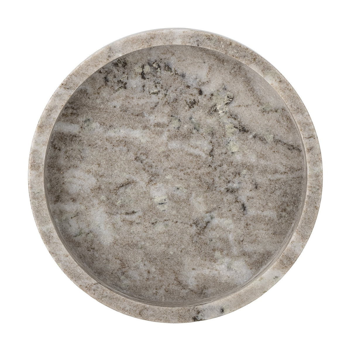 Ivette Round Marble Tray in grey with a shallow straight rim and natural veining, shown from above on a plain white background.