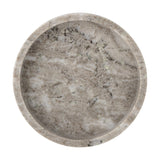 Ivette Round Marble Tray in grey with a shallow straight rim and natural veining, shown from above on a plain white background.