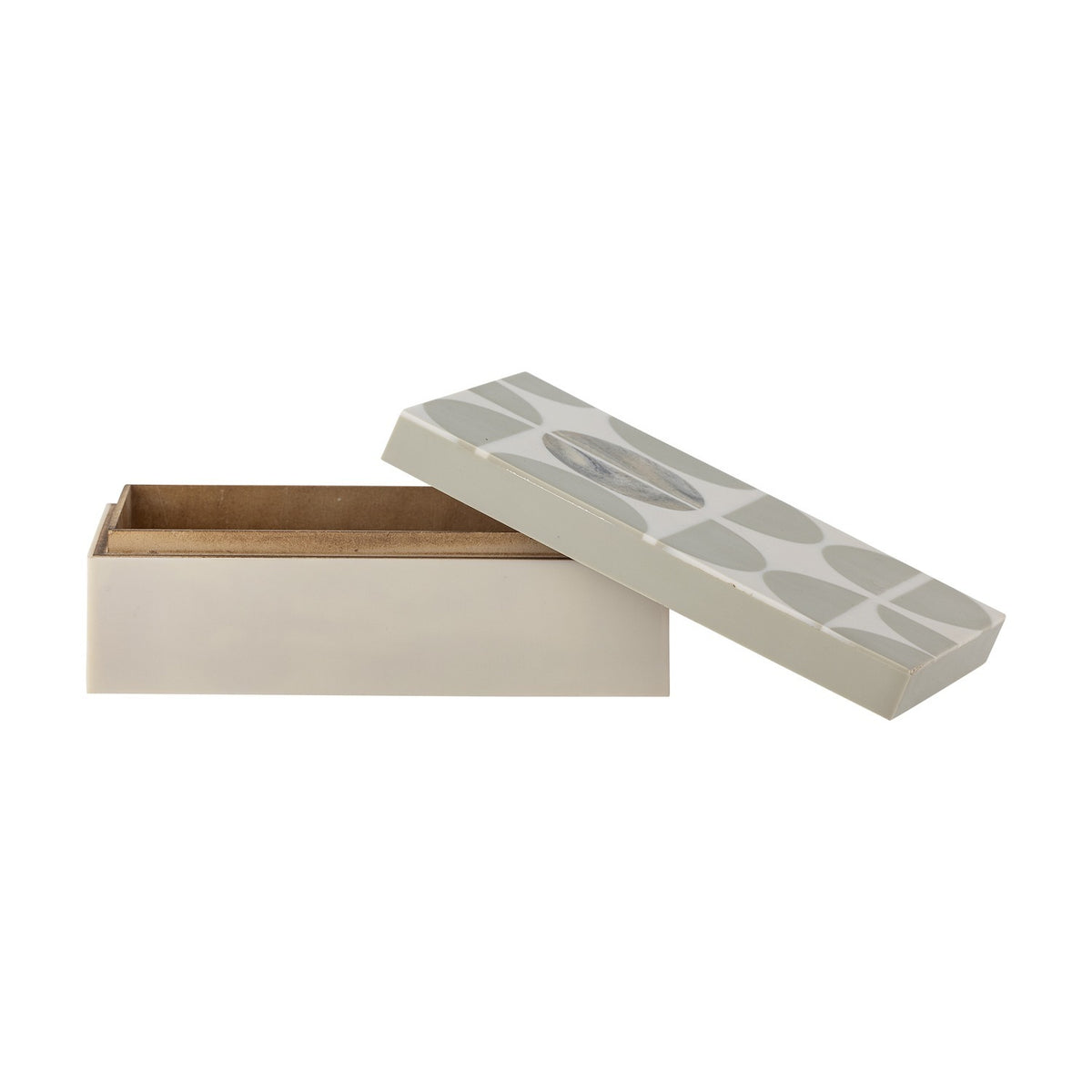 Kabela rectangular resin storage box with lid propped open, grey geometric half-circle pattern on lid, plain cream base, shown on a white background.