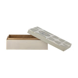 Kabela rectangular resin storage box with lid propped open, grey geometric half-circle pattern on lid, plain cream base, shown on a white background.