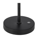 Close-up of the Lianna rechargeable table lamp's round black iron base with slender stem and visible charging port, set against a white background.