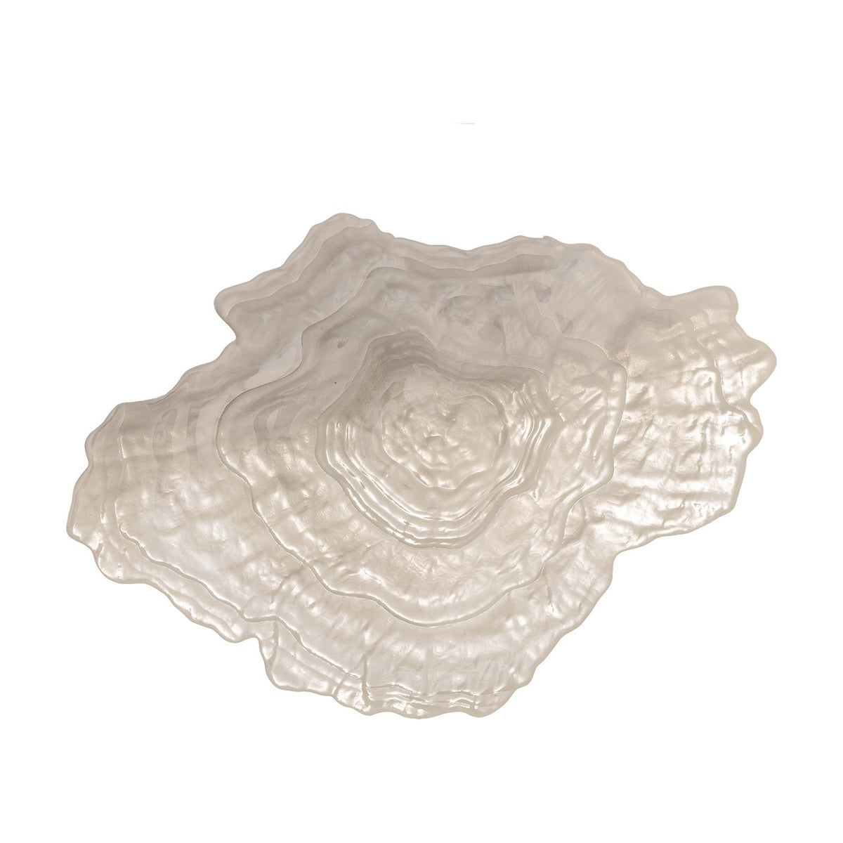 Aiku Shell Glass Bowl 38x29cm in pearl, a wide shallow dish with rippled rim and ridged, shell-like texture, shown on a plain white background.