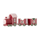 Gloria Striped Ceramic Christmas Decoration in red, a three-piece dolomite toy train with cut-out windows and green wheels, shown on a plain white background.
