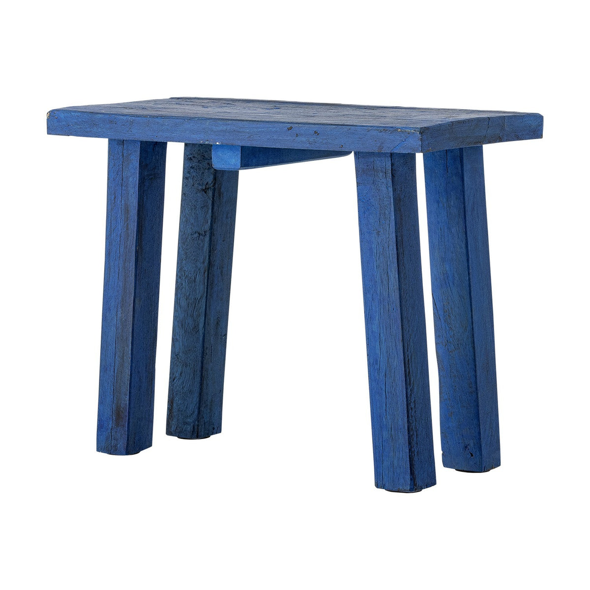 Porir Wooden Pedestal in blue, a small rustic stand with a flat rectangular top on four splayed reclaimed wood legs, painted finish, shown on a white background.